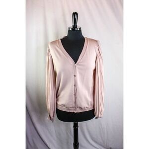 Adrianna Papell Cardigan Sweater Sheer Pleated Sleeves Pink Size